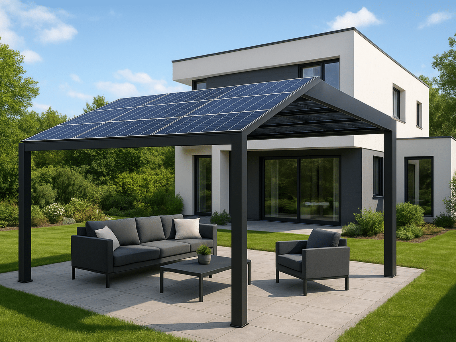 Pergola solaire Helios-France – structure extérieure produisant de l’électricité et offrant un espace ombragé